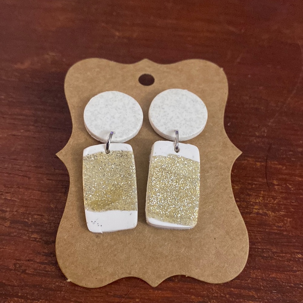 Clay white and gold dangle earrings